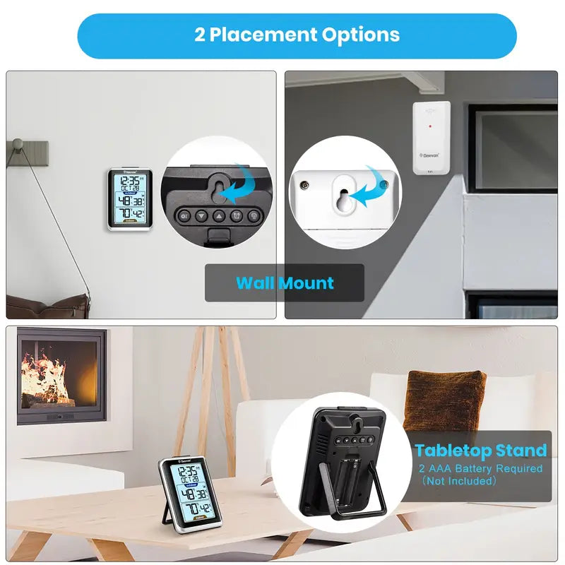 Digital clock with wall mount and tabletop stand options shown in a living room setting.