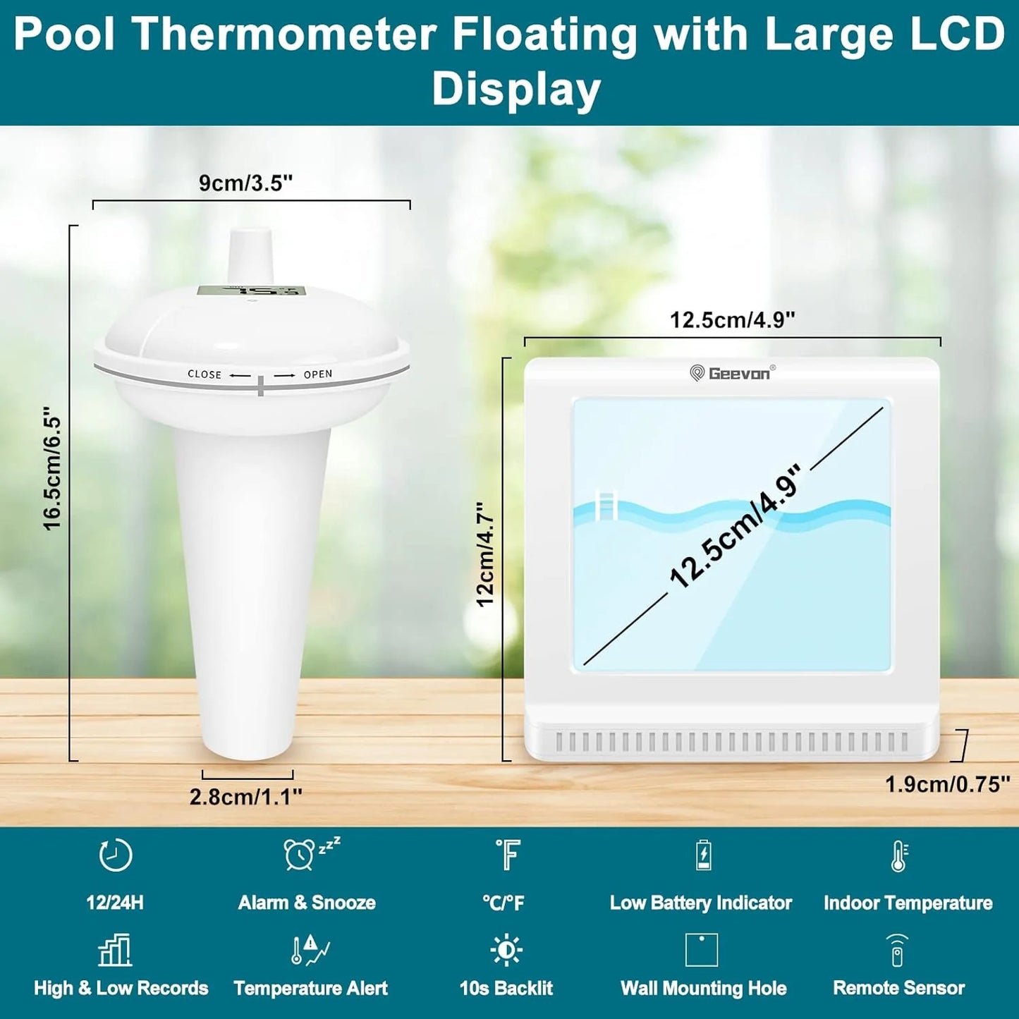 Pool thermometer with large LCD display and measurement details on a wooden surface.