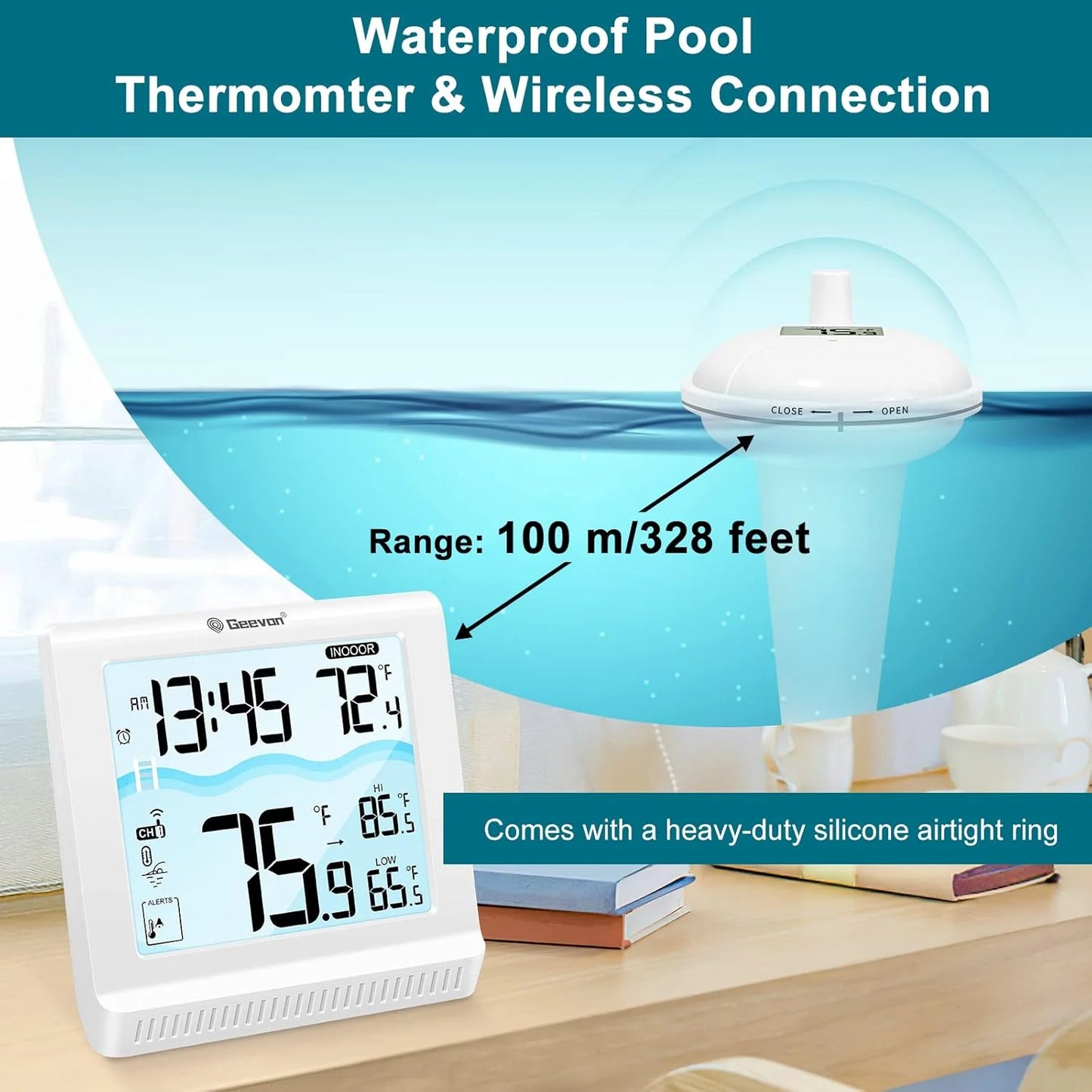 Digital thermometer with waterproof pool thermometer and wireless connection feature, displayed against a pool background.