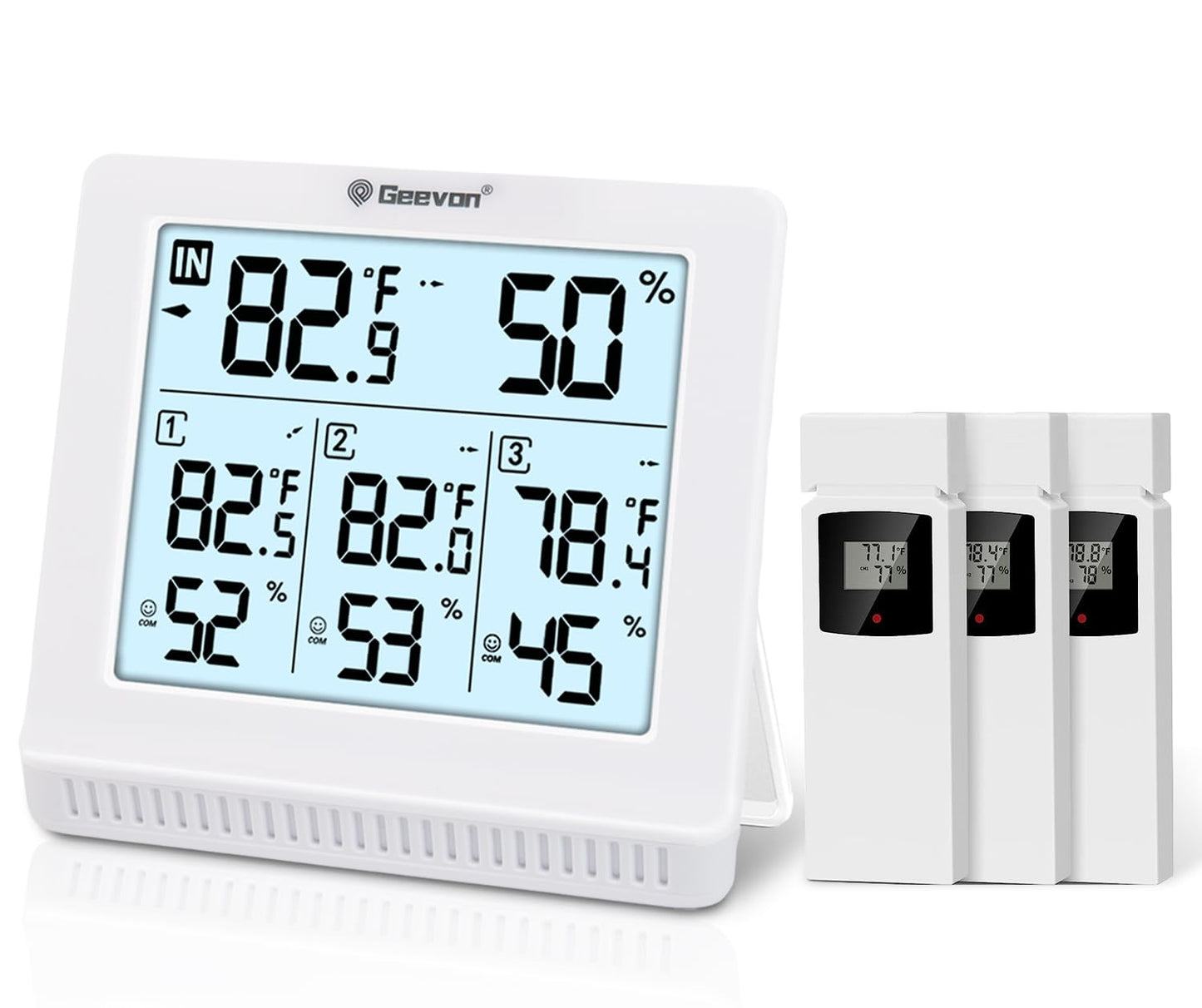Digital thermometer and humidity monitor with battery pack on a white background