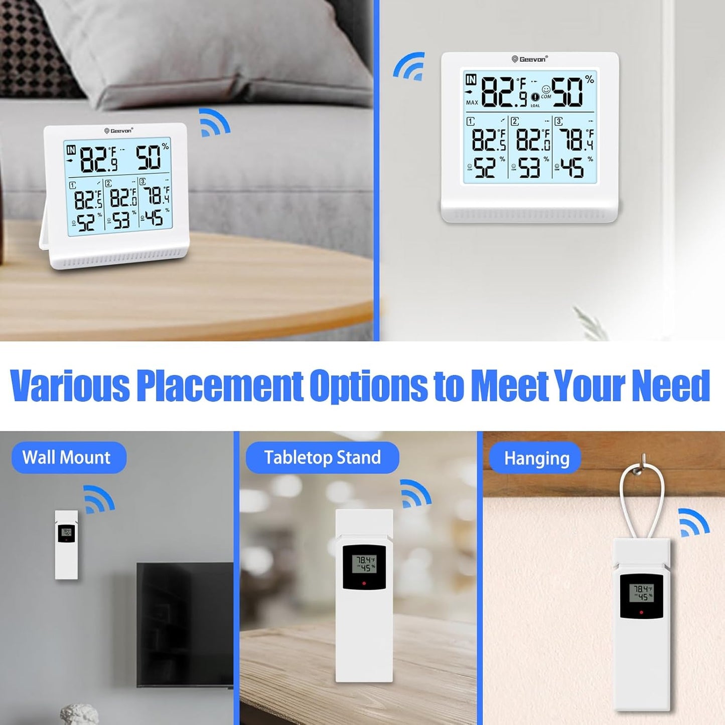 Digital thermometer with various placement options on a wall, table, and hanging on a hook.