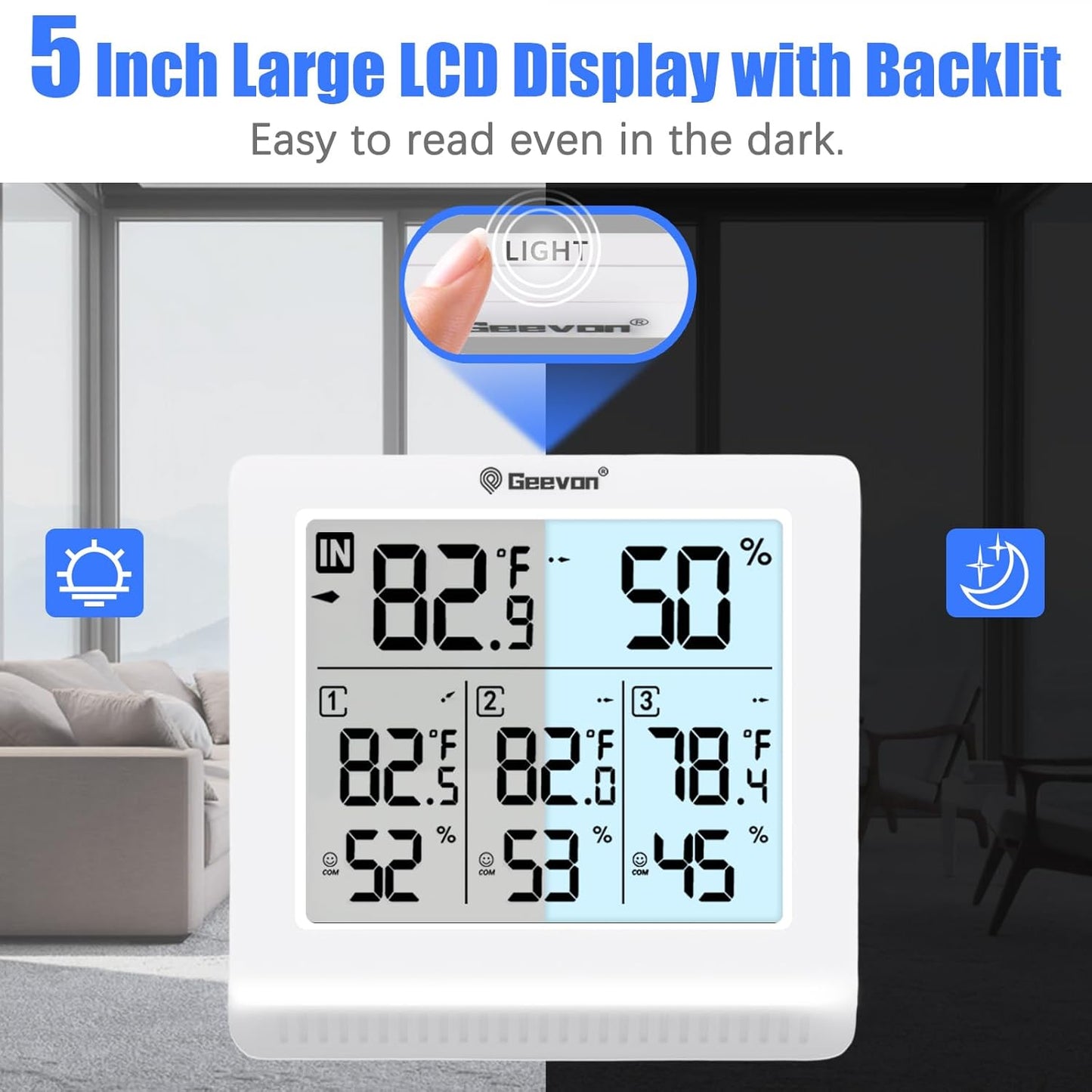 Digital thermometer with large LCD display and backlight feature, shown in a room setting.