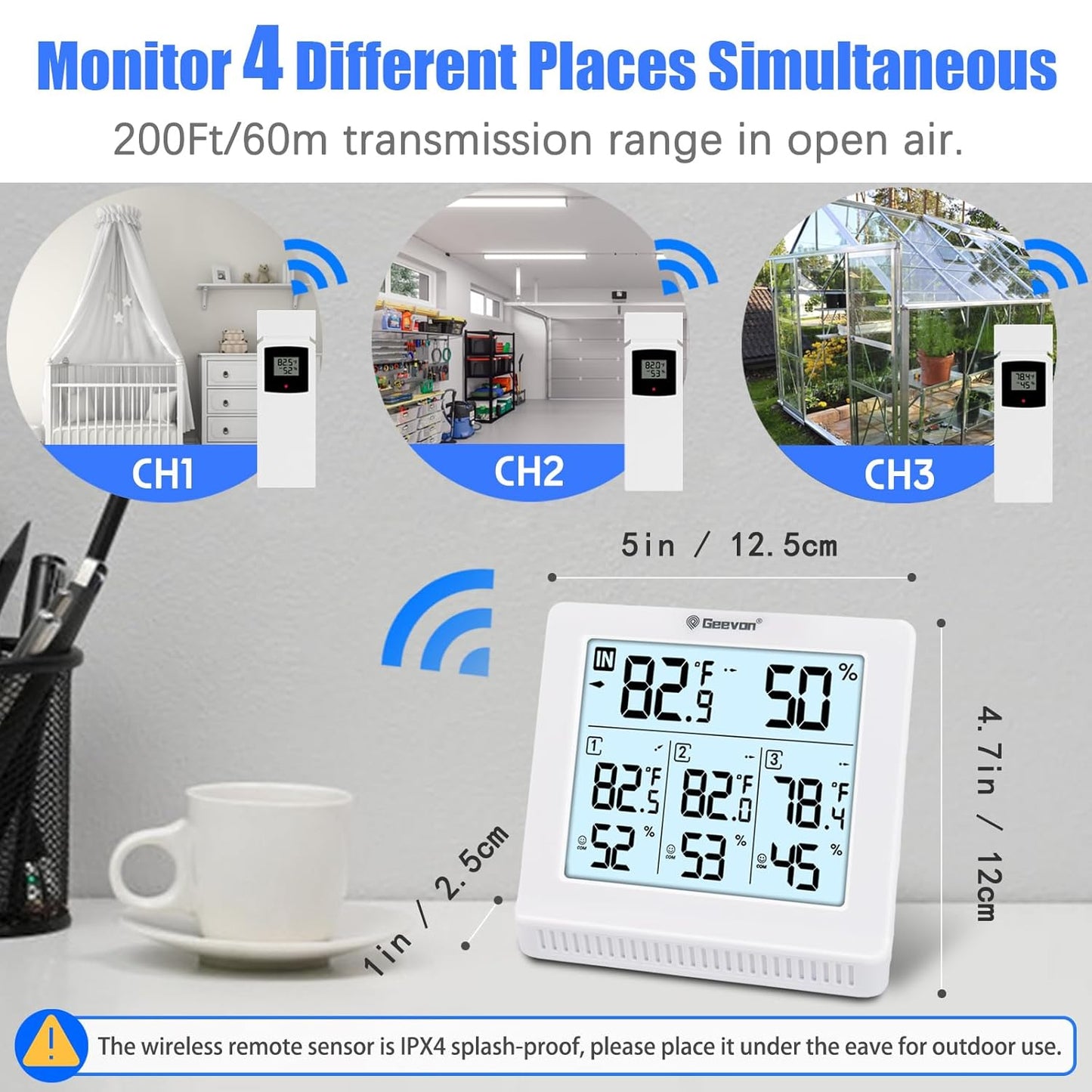 Digital thermometer with multiple display sections and wireless sensor illustration.