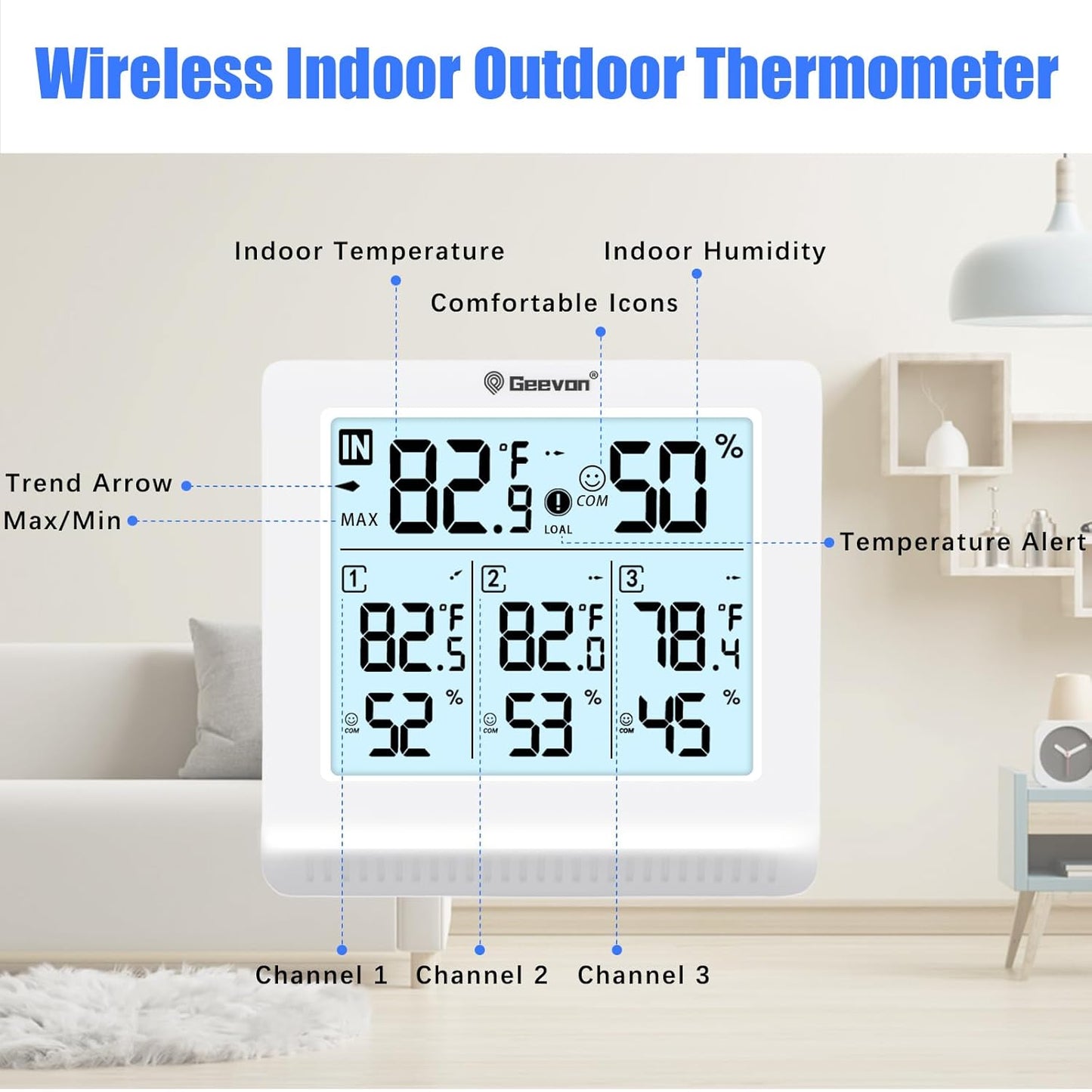 Wireless indoor outdoor thermometer with digital display in a living room setting