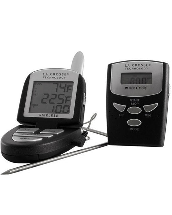 A wireless kitchen thermometer and timer set by La Crosse, with a digital display and a stainless steel probe.