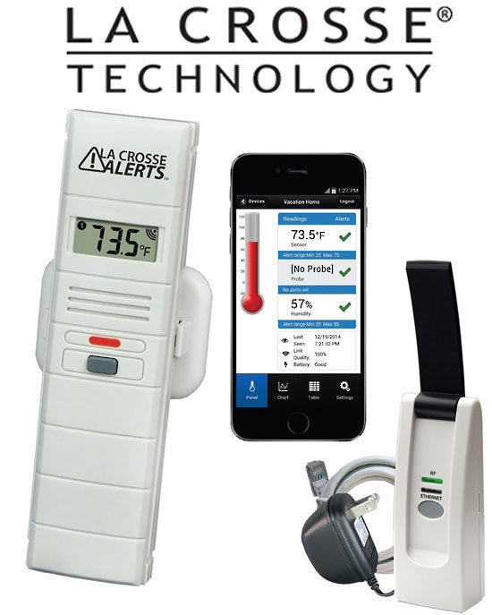 A white La Crosse temperature and humidity monitor with a digital screen and a mobile device displaying the temperature and humidity levels and alert levels