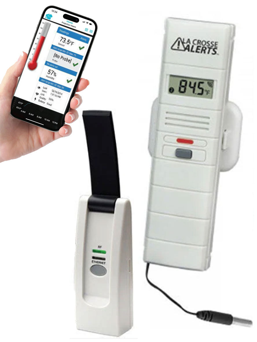 The image shows a white and black weather station sensor with a digital display and a mobile app interface. The sensor is designed to measure temperature and humidity levels.