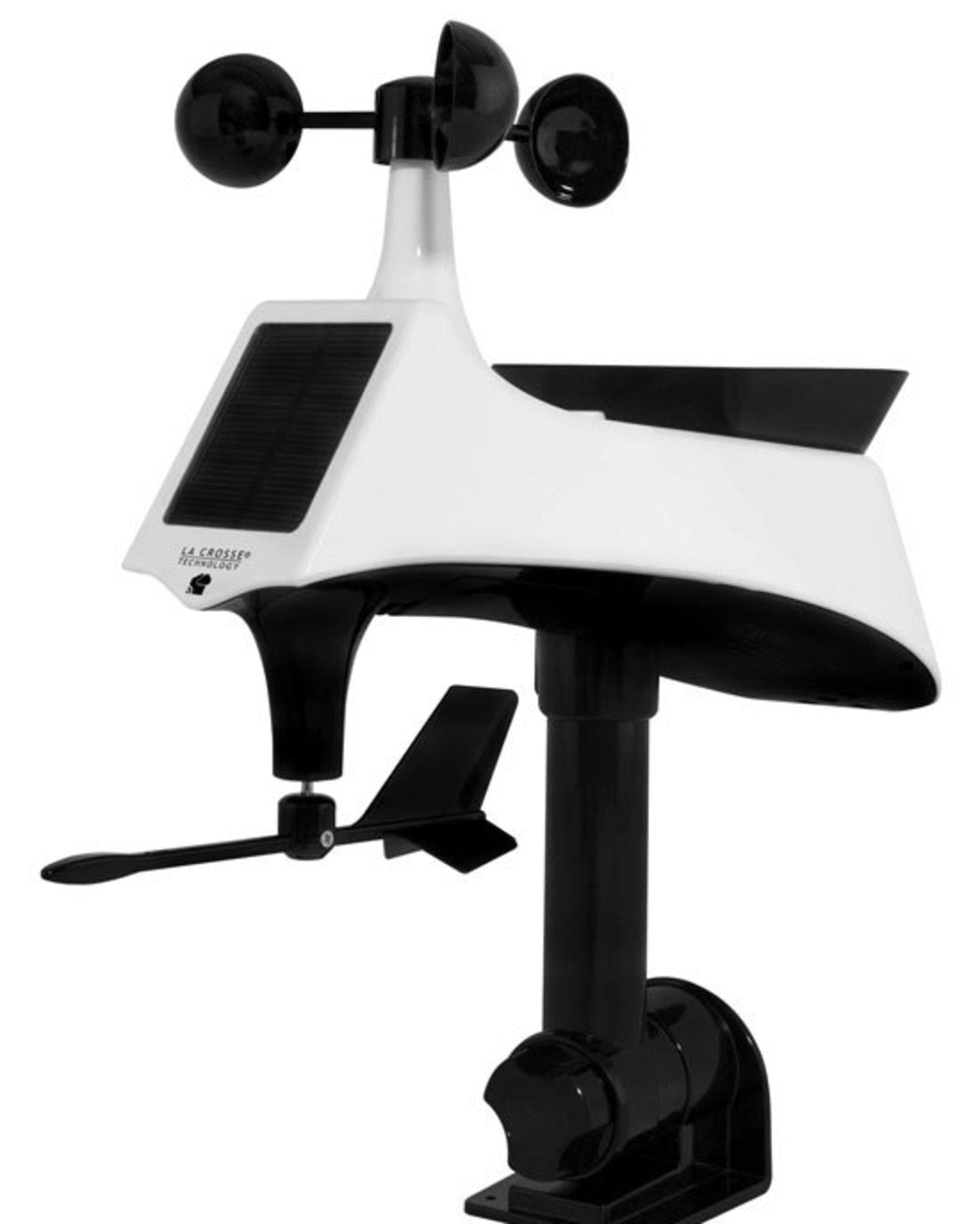 A La Crosse multi-sensor device designed to measure wind speed, wind direction, and rainfall, featuring a solar panel and a mounting bracket.