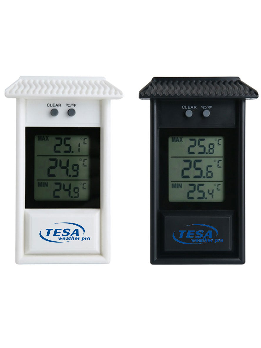 Two digital thermometers, one white and one black, with TESA branding on a white background.