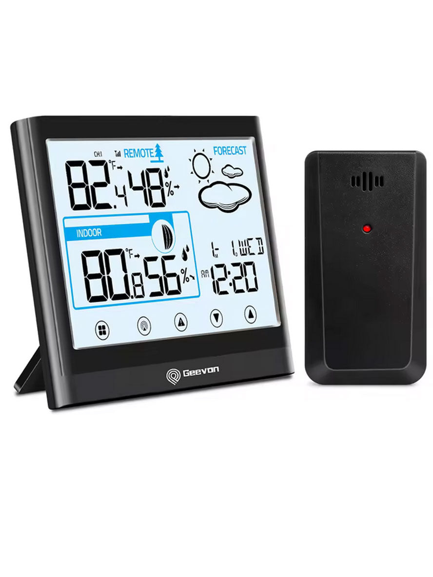 Digital weather station with main display and remote sensor on a white background