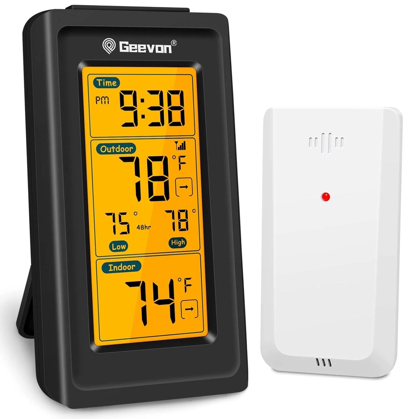 Geevon digital thermometer with outdoor and indoor temperature display on a white background