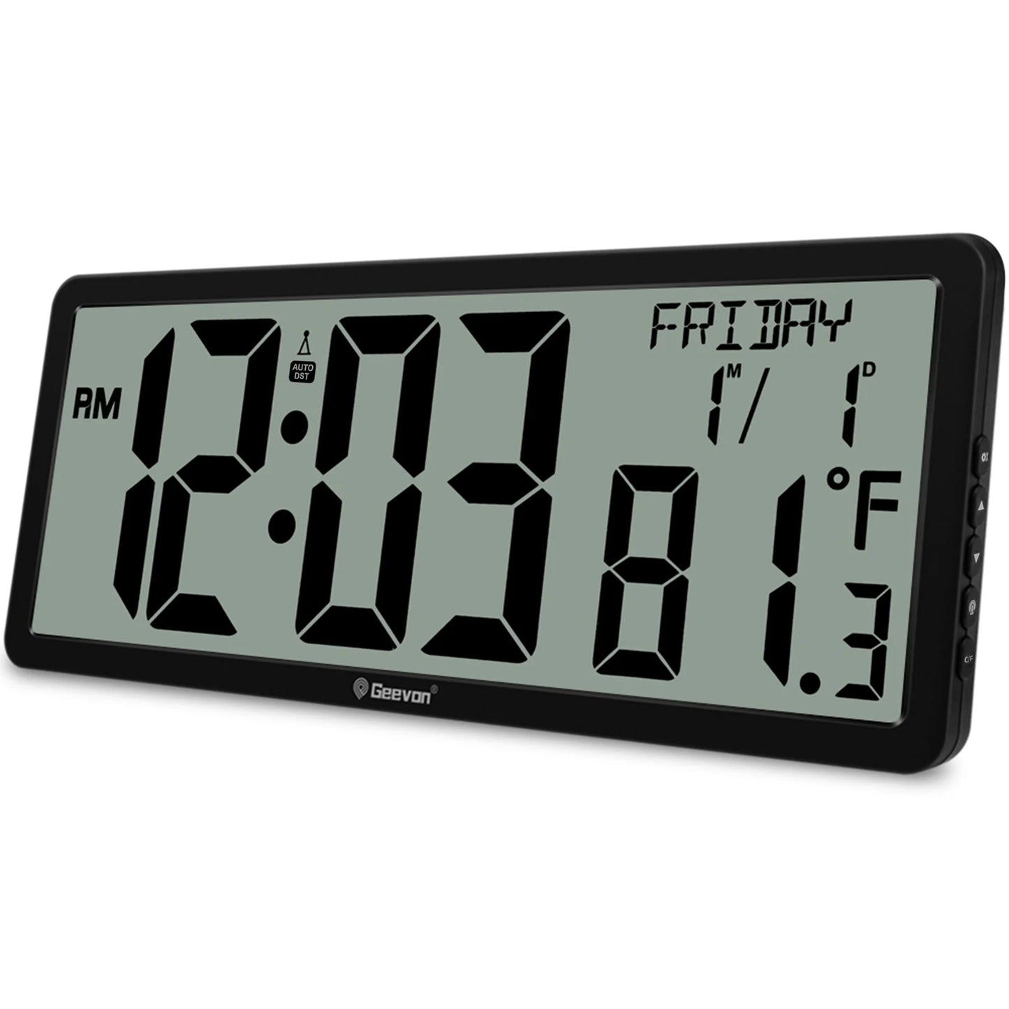 Digital clock with time, date, and temperature display on a white background