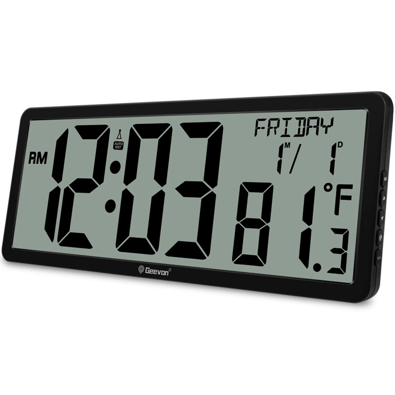 Digital clock with time, date, and temperature display on a white background