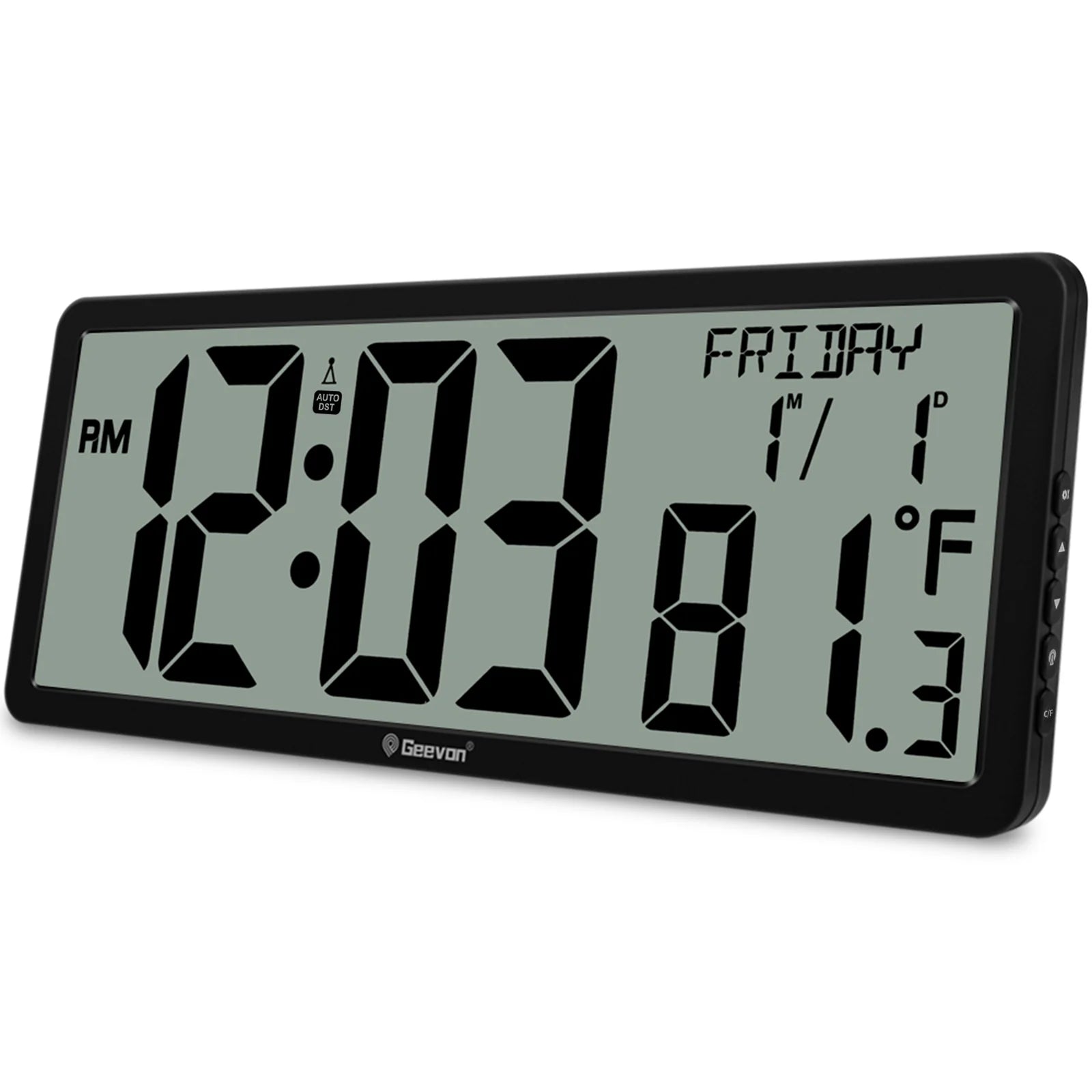 Digital clock with time, date, and temperature display on a white background