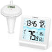 Digital thermometer with weather station display on a white background