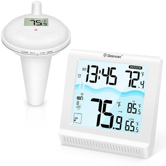 Digital thermometer with weather station display on a white background