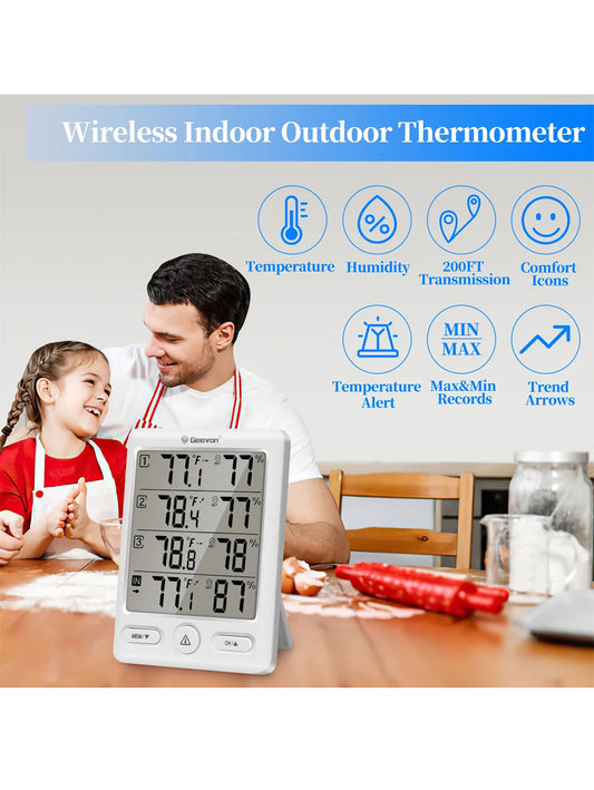 Wireless indoor outdoor thermometer with a man and child in the background