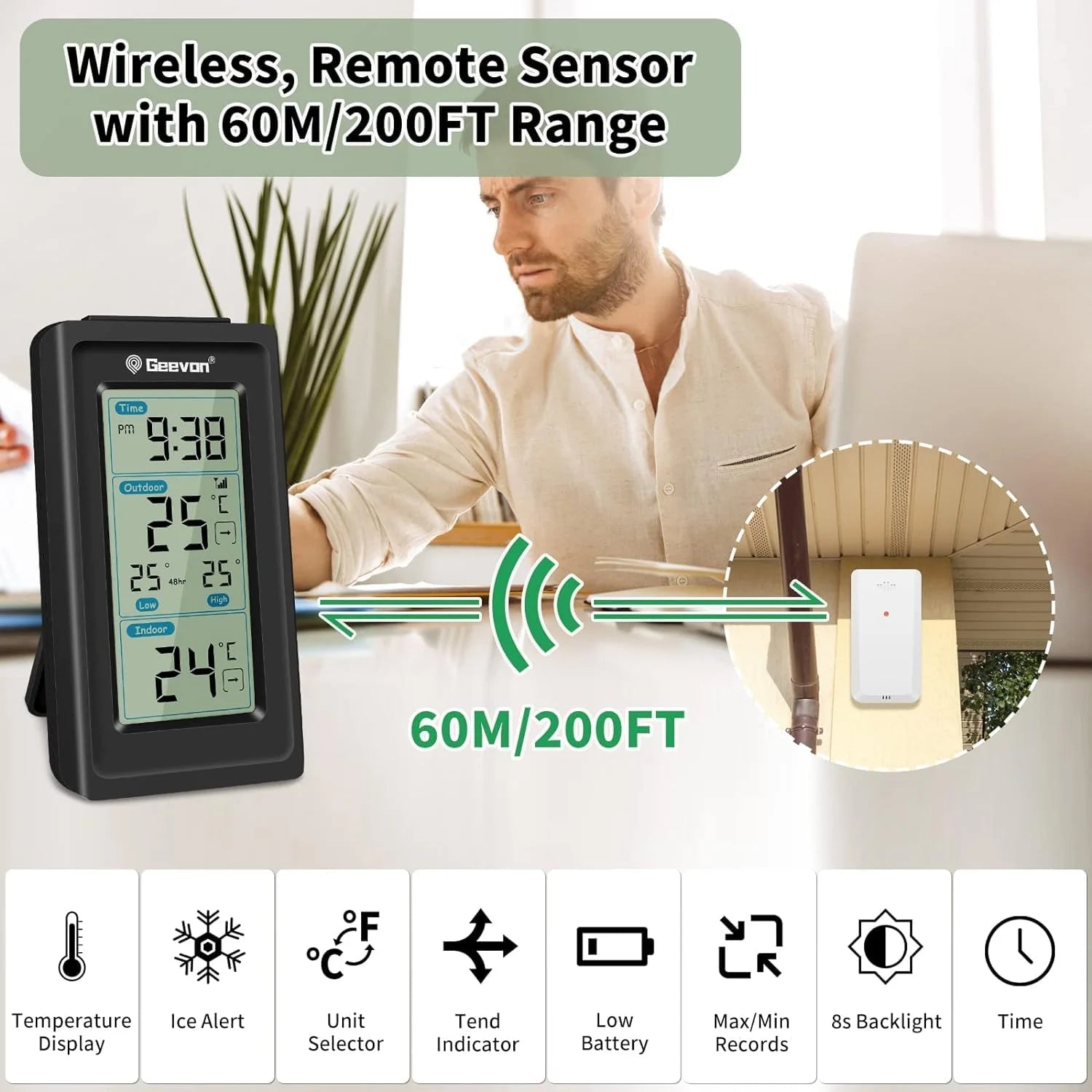 Wireless remote sensor with temperature display and range indicator, man using laptop in background.