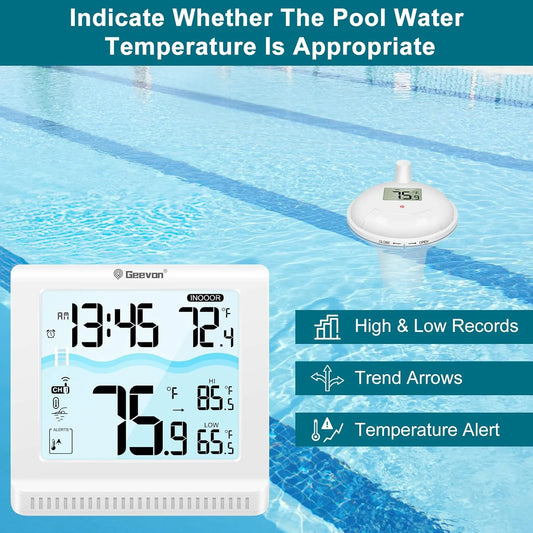 Digital pool thermometer floating in a pool with text indicating temperature check.