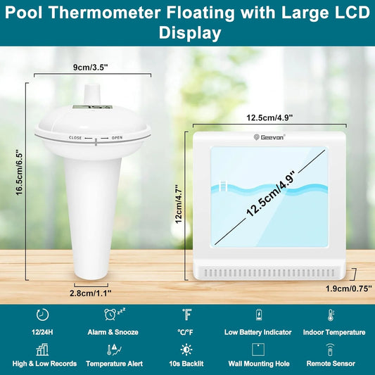 Pool thermometer with large LCD display and measurement details on a wooden surface.