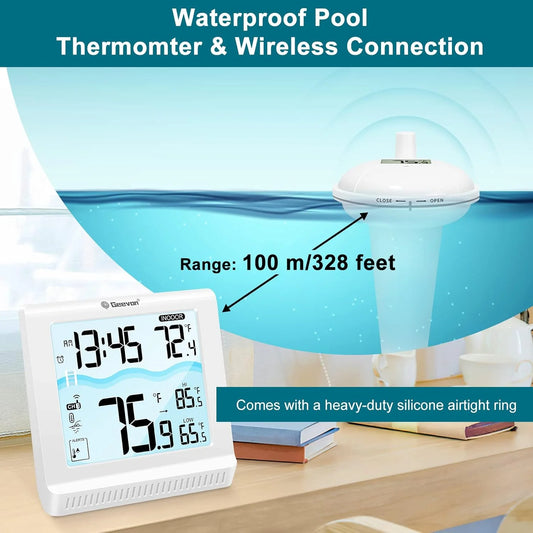 Digital thermometer with waterproof pool thermometer and wireless connection feature, displayed against a pool background.