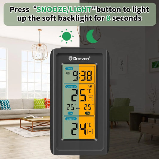 Digital thermometer with display in a living room setting, featuring the brand 'Geevon'.