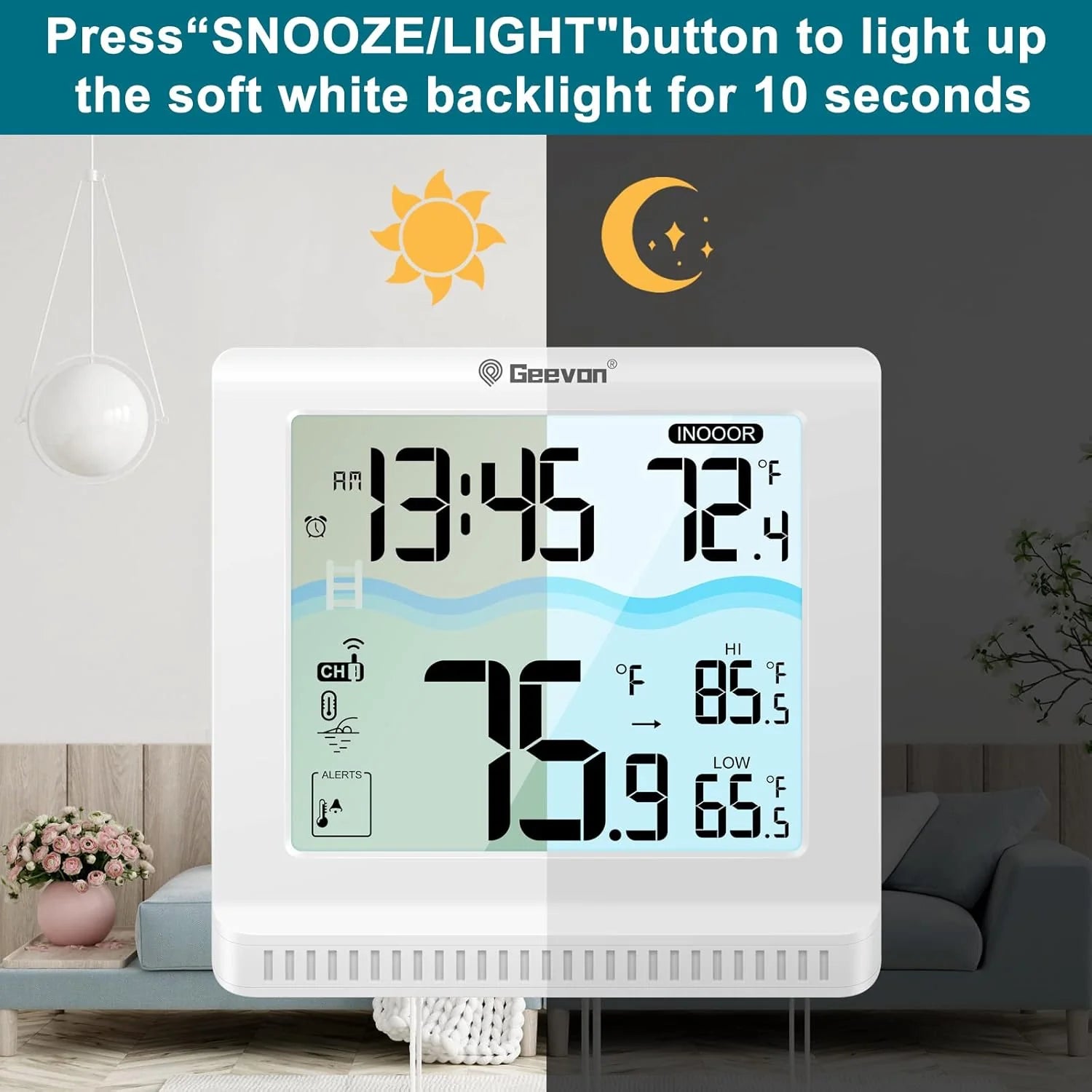 Digital clock with temperature and humidity display in a room setting