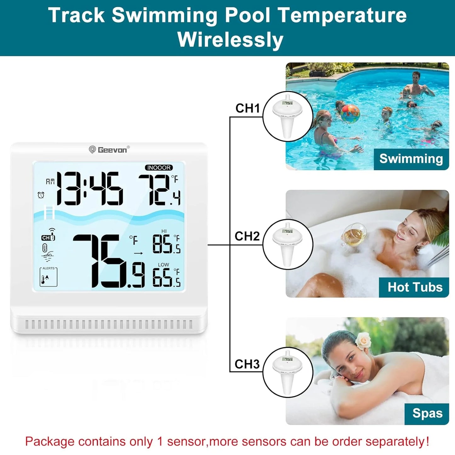 Geovon thermometer with digital display showing temperature, connected to images of a pool, hot tub, and spa.
