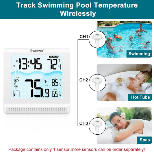 Geovon thermometer with digital display showing temperature, connected to images of a pool, hot tub, and spa.