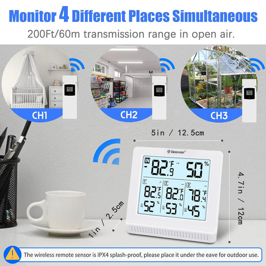 Digital thermometer with multiple display sections and wireless sensor illustration.