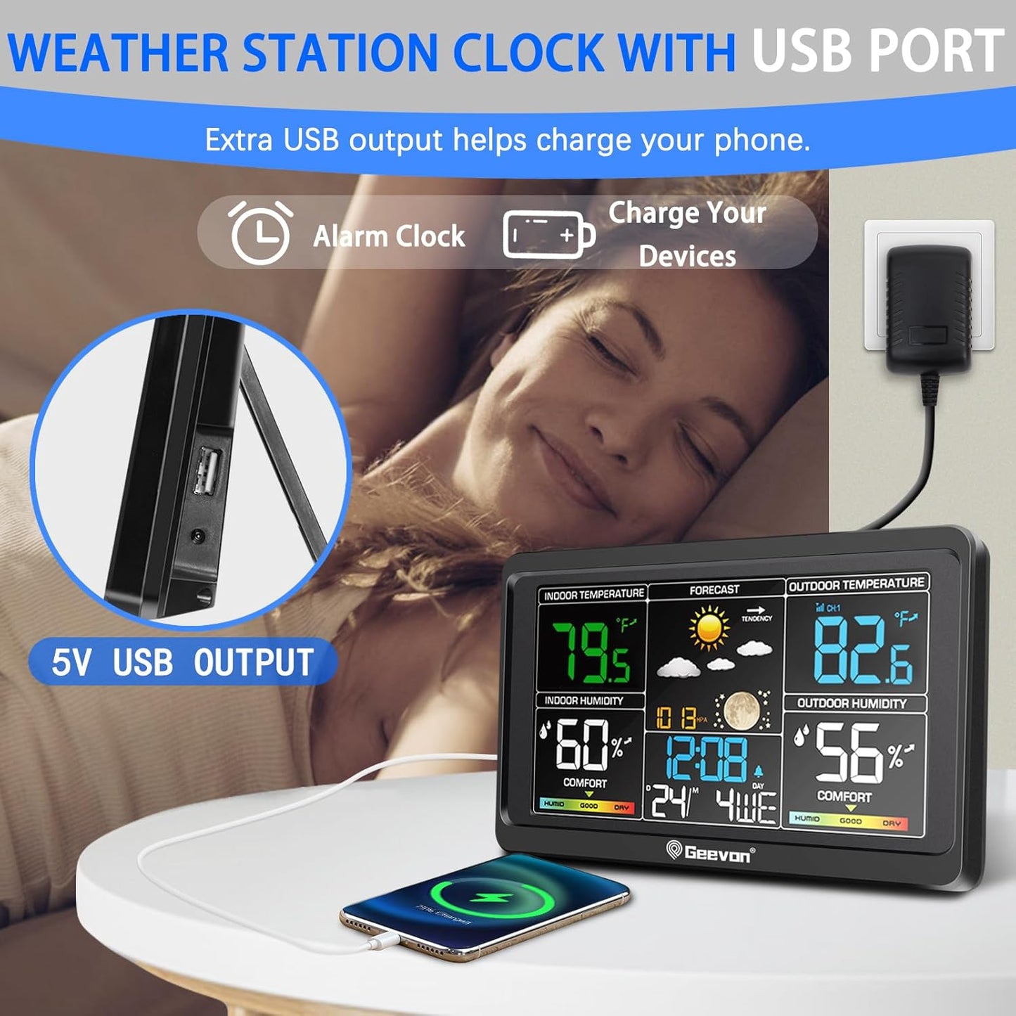 Weather station clock with USB port charging a phone, featuring a woman sleeping in the background.