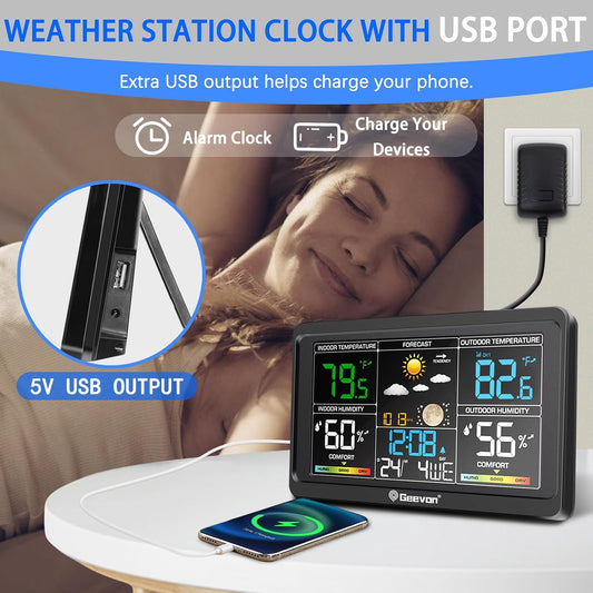 Weather station clock with USB port charging a phone, featuring a woman sleeping in the background.