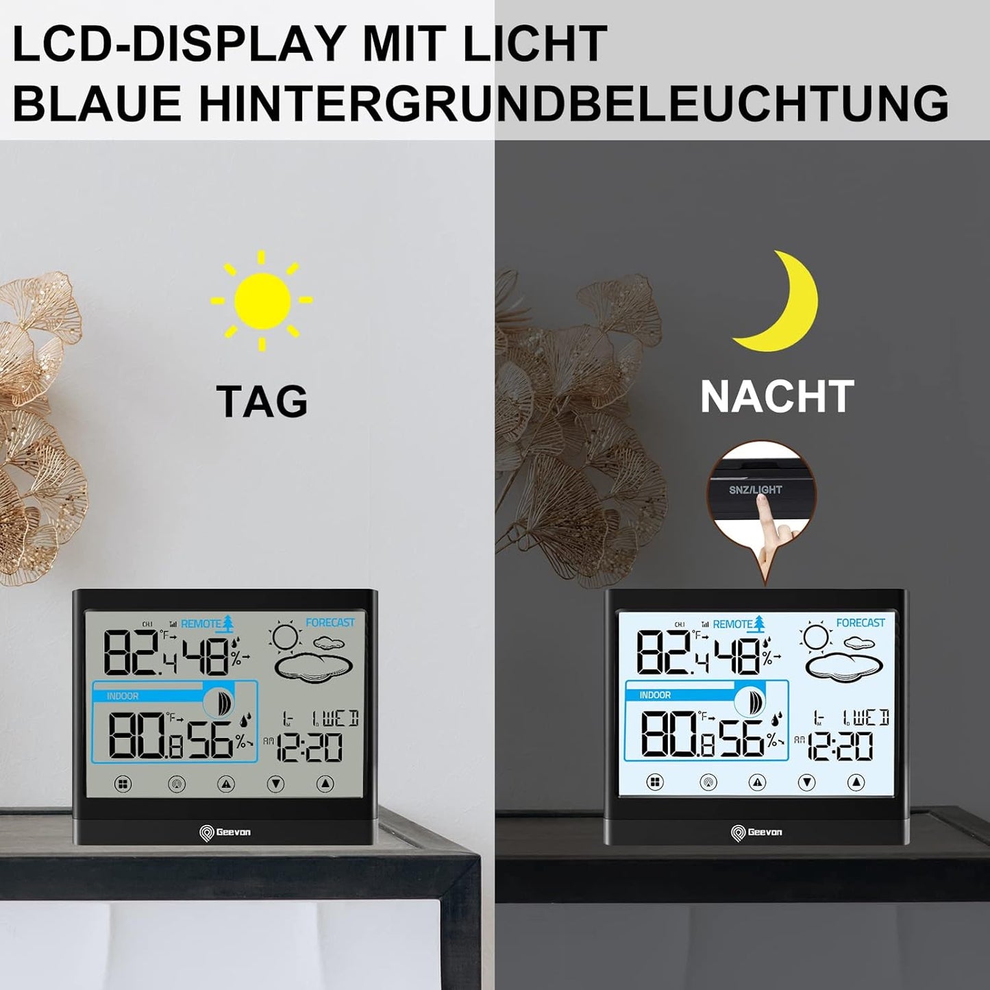 Two digital clocks with blue backlighting showing time and weather information.