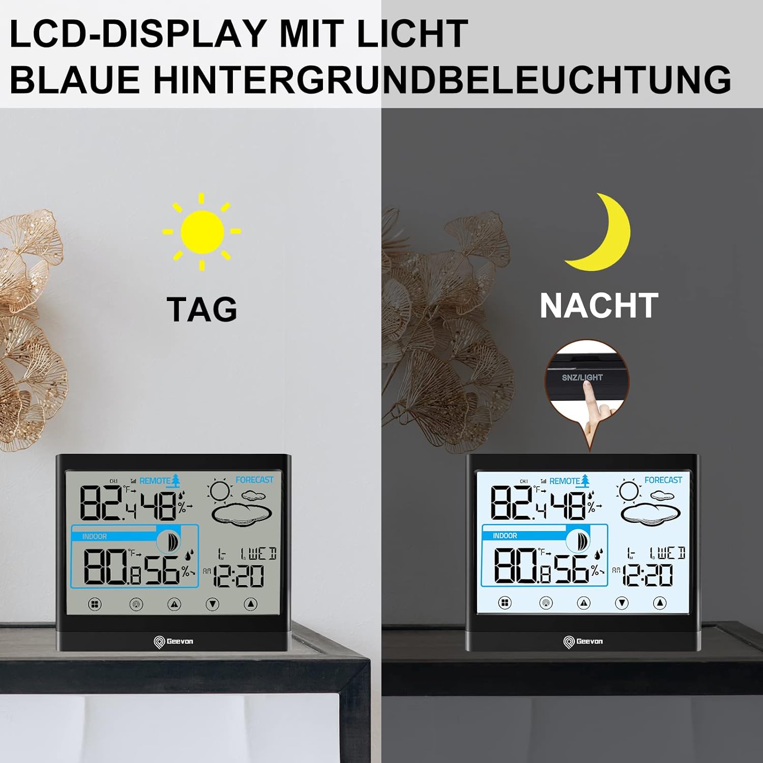 Two digital clocks with blue backlighting showing time and weather information.