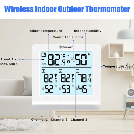 Wireless indoor outdoor thermometer with digital display in a living room setting