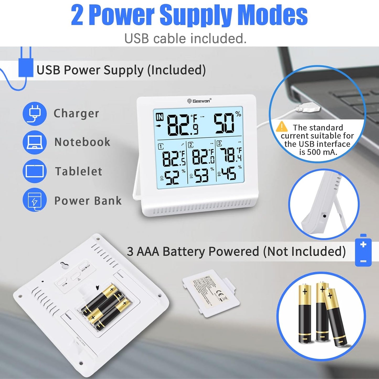 Digital thermometer with power supply modes and battery information on a gray background