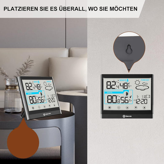 Two digital weather station devices, one on a stand and one on a wall, with temperature and time display.