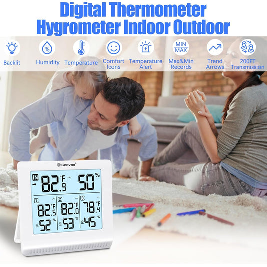 Digital thermometer hygrometer with family in a living room