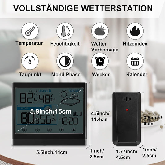Weather station with digital display and remote sensor, showing dimensions and features.