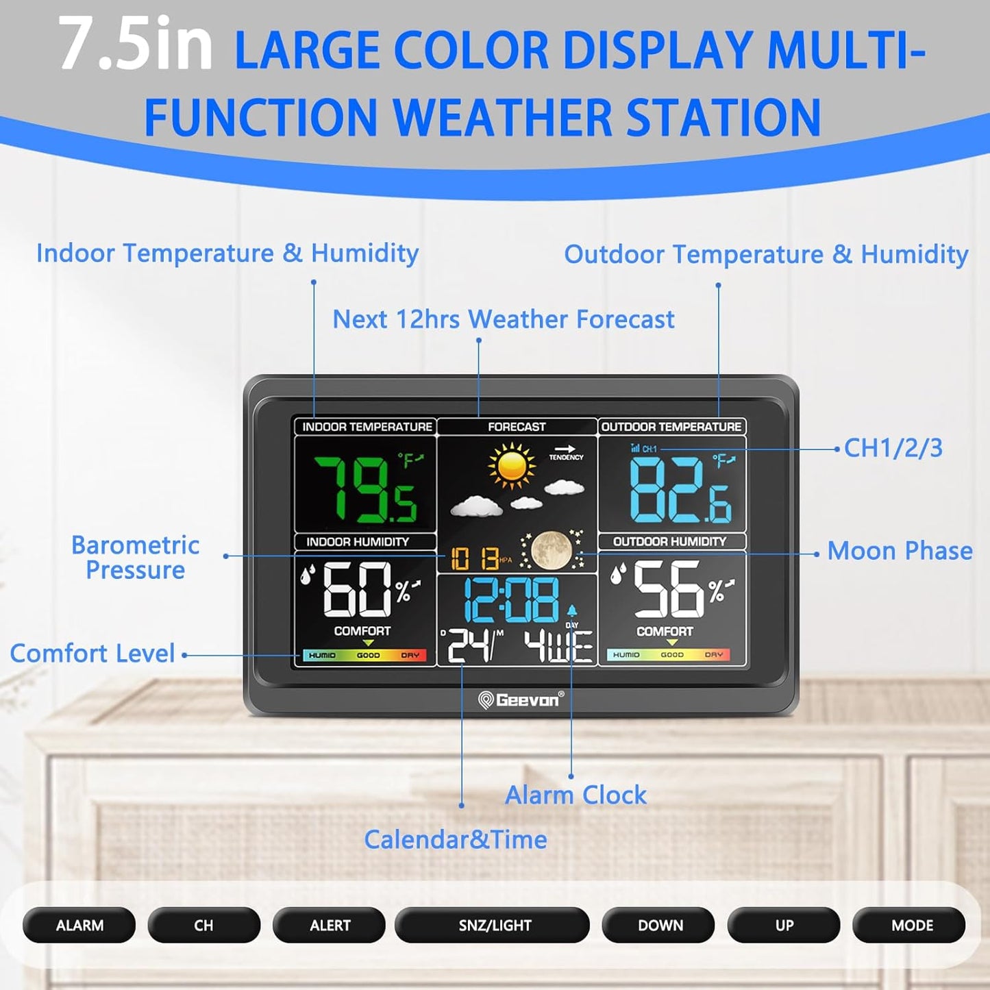 7.5-inch color display multi-function weather station with various readings on a white background.