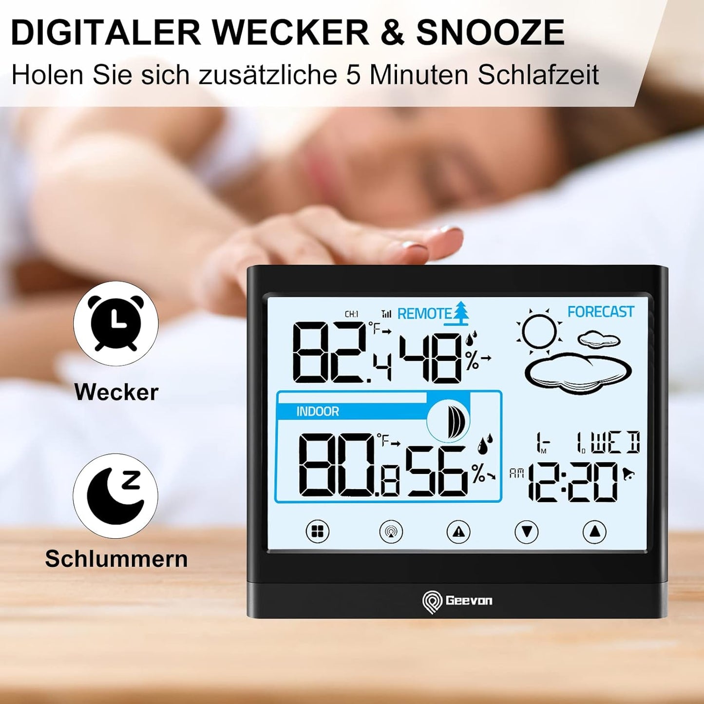 Digital clock with weather display on a wooden surface, showing time, temperature, and humidity.