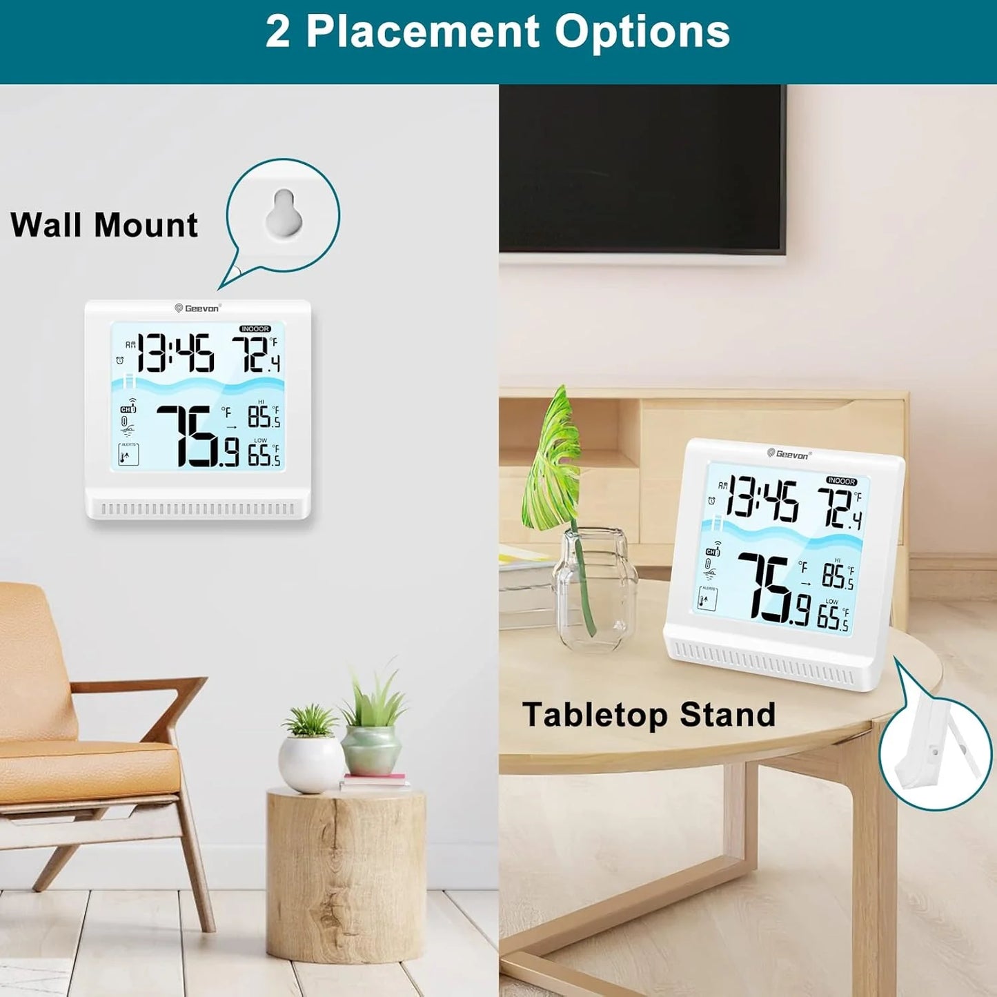 Digital thermometer with wall mount and tabletop stand options in a living room setting.
