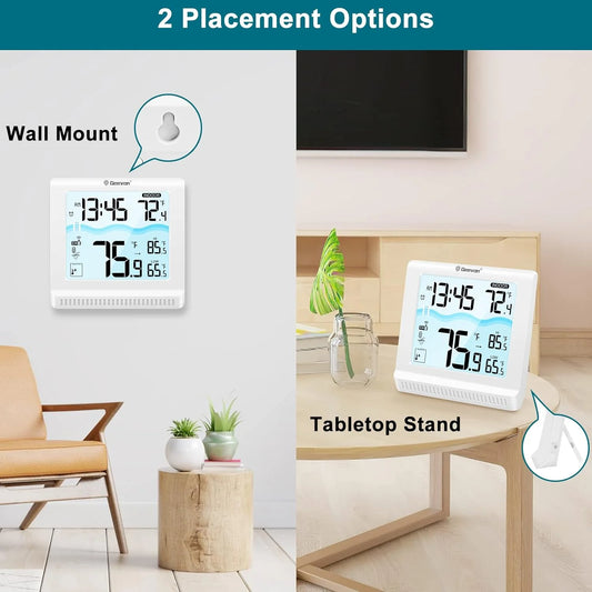 Digital thermometer with wall mount and tabletop stand options in a living room setting.