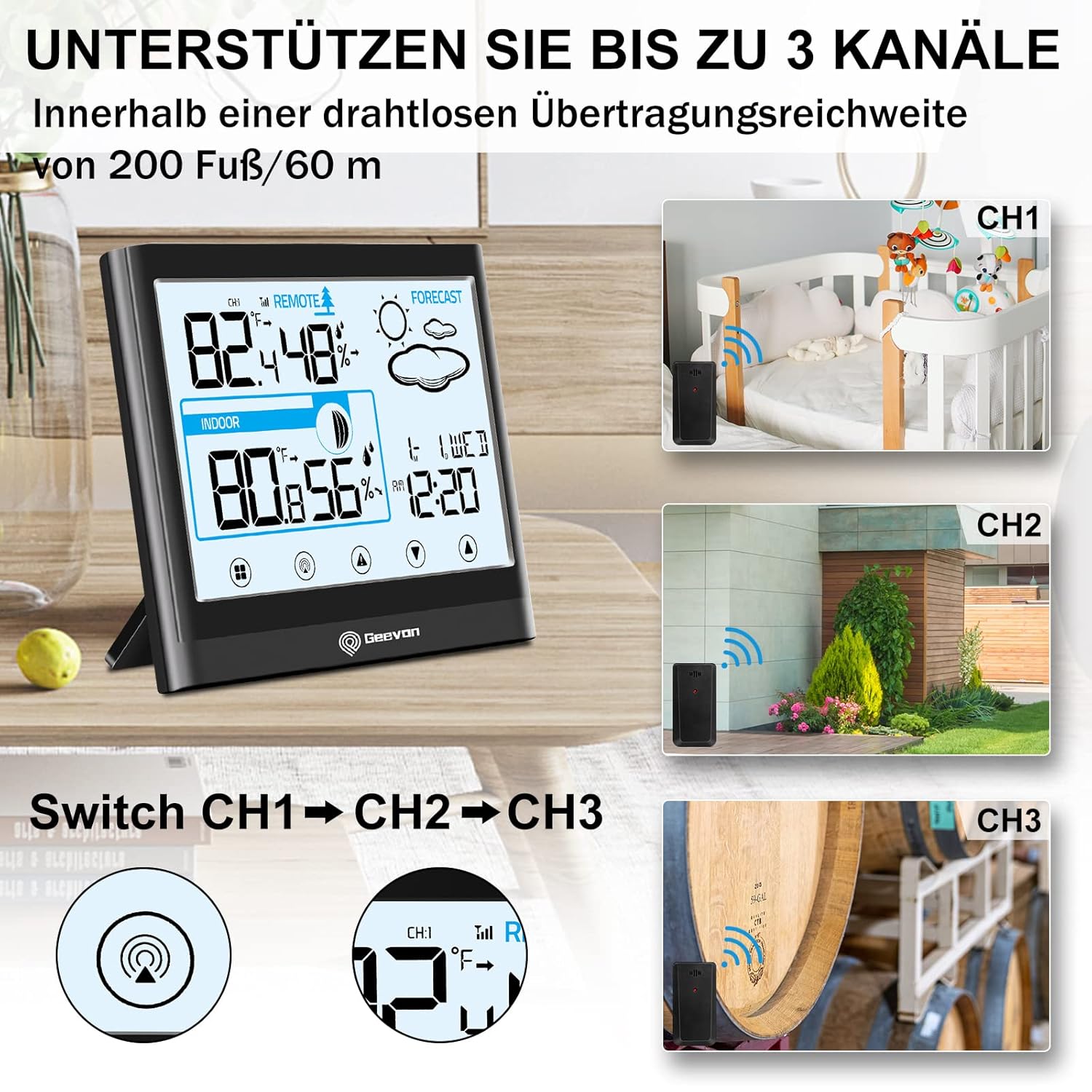 Digital weather station with multiple display options and wireless transmission range information.