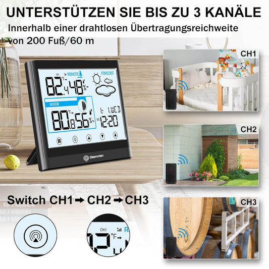 Digital weather station with multiple display options and wireless transmission range information.