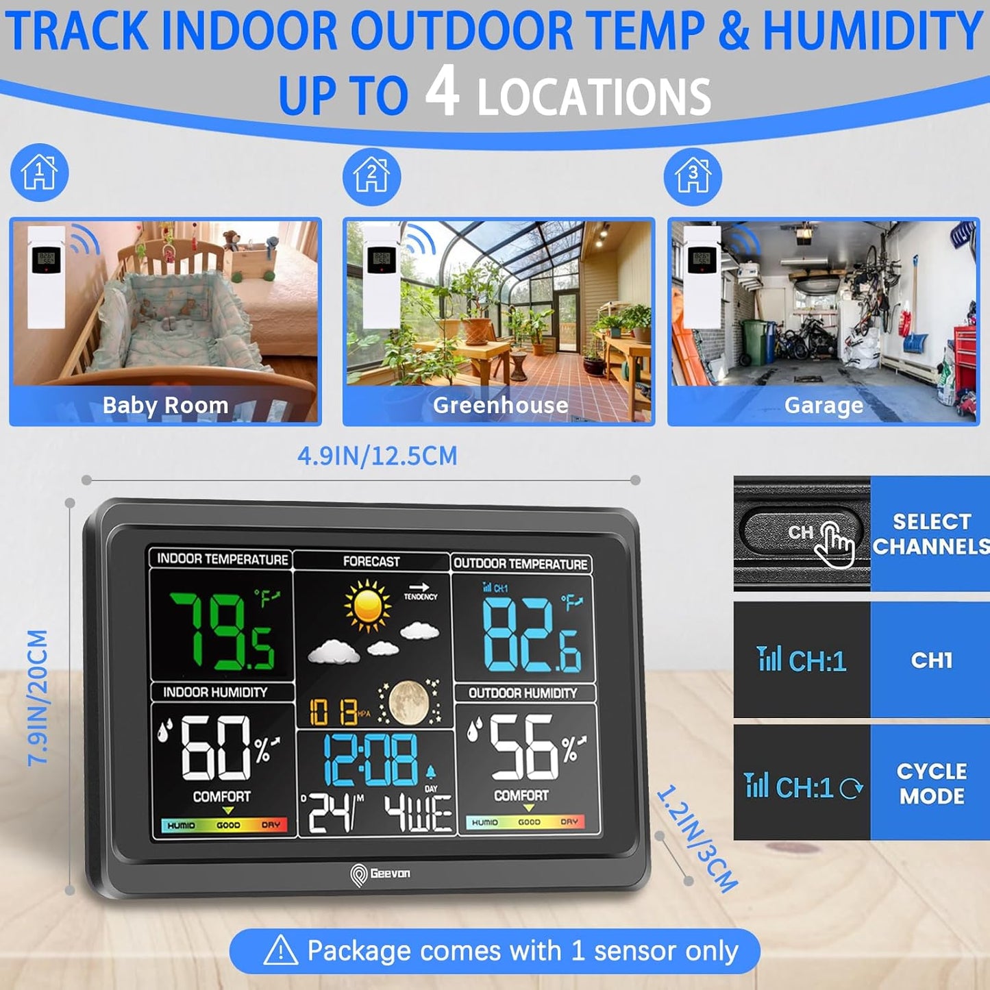 Digital weather station with temperature and humidity display on a wooden surface.