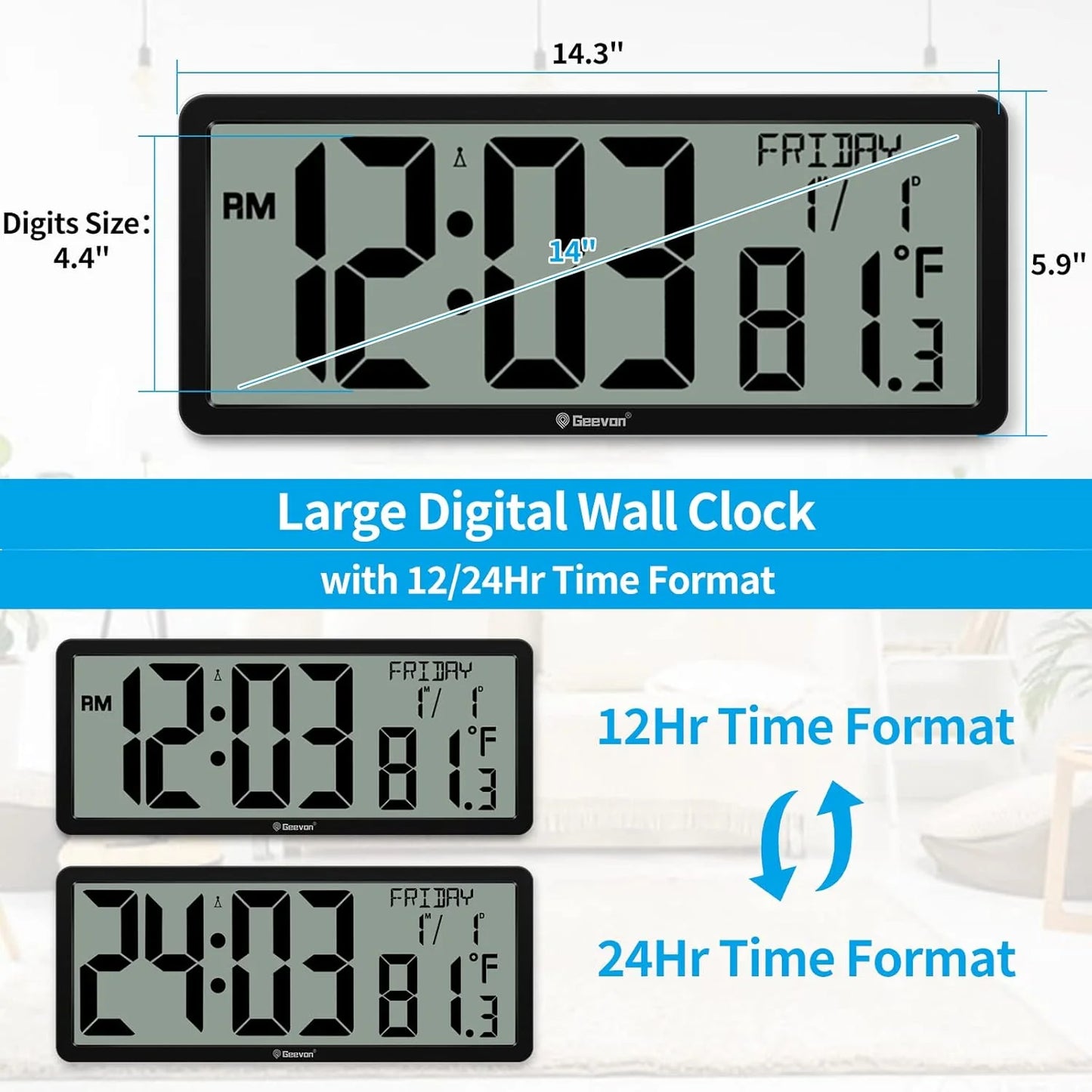 Digital wall clock with large display showing time, date, and temperature on a white background.