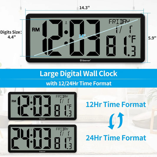 Digital wall clock with large display showing time, date, and temperature on a white background.