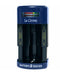 A La Crosse portable battery tester in blue color with a digital display and a compartment for inserting batteries.