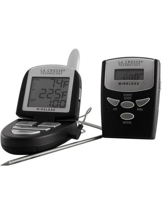 A wireless kitchen thermometer and timer set by La Crosse, with a digital display and a stainless steel probe.